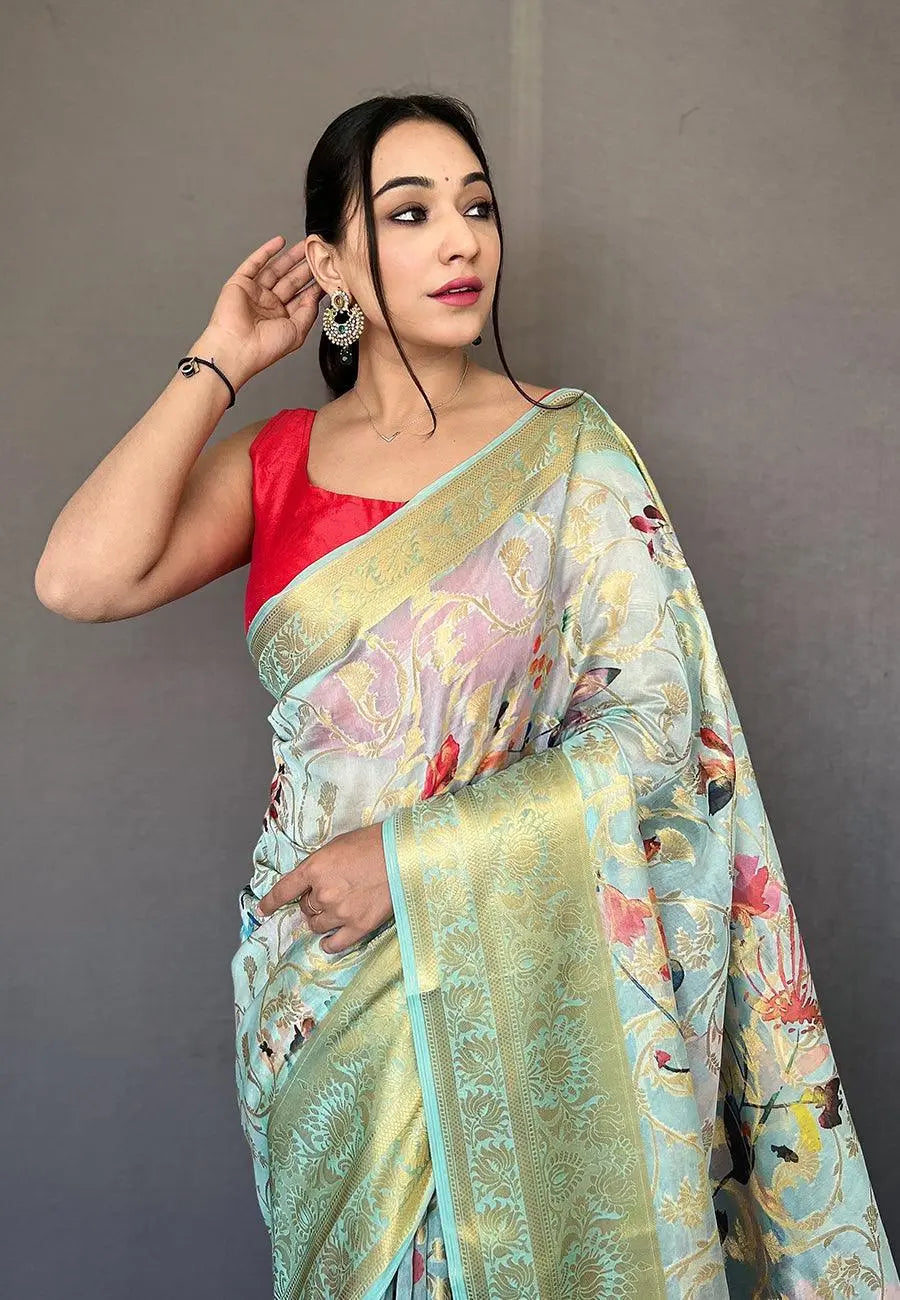 Sky Blue Banarasi Kora Organza Anokhi Digital Vol. 3 Printed Woven Saree - Colorful Saree