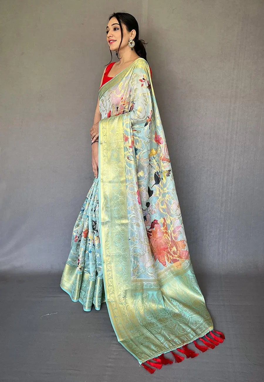 Sky Blue Banarasi Kora Organza Anokhi Digital Vol. 3 Printed Woven Saree - Colorful Saree