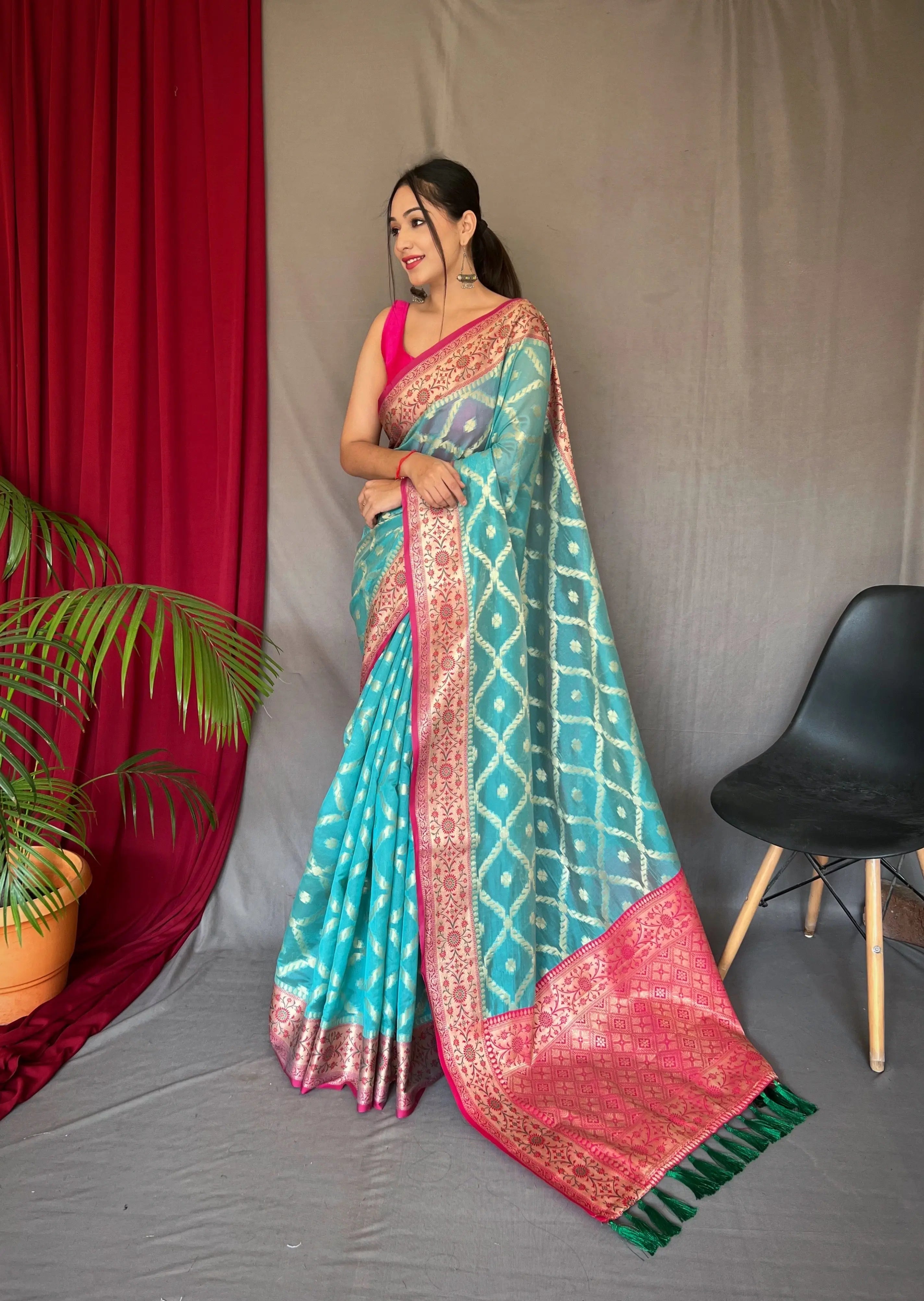 Sky Blue Saree in Banarasi Woven Organza Silk - Colorful Saree