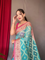 Sky Blue Saree in Banarasi Woven Organza Silk - Colorful Saree