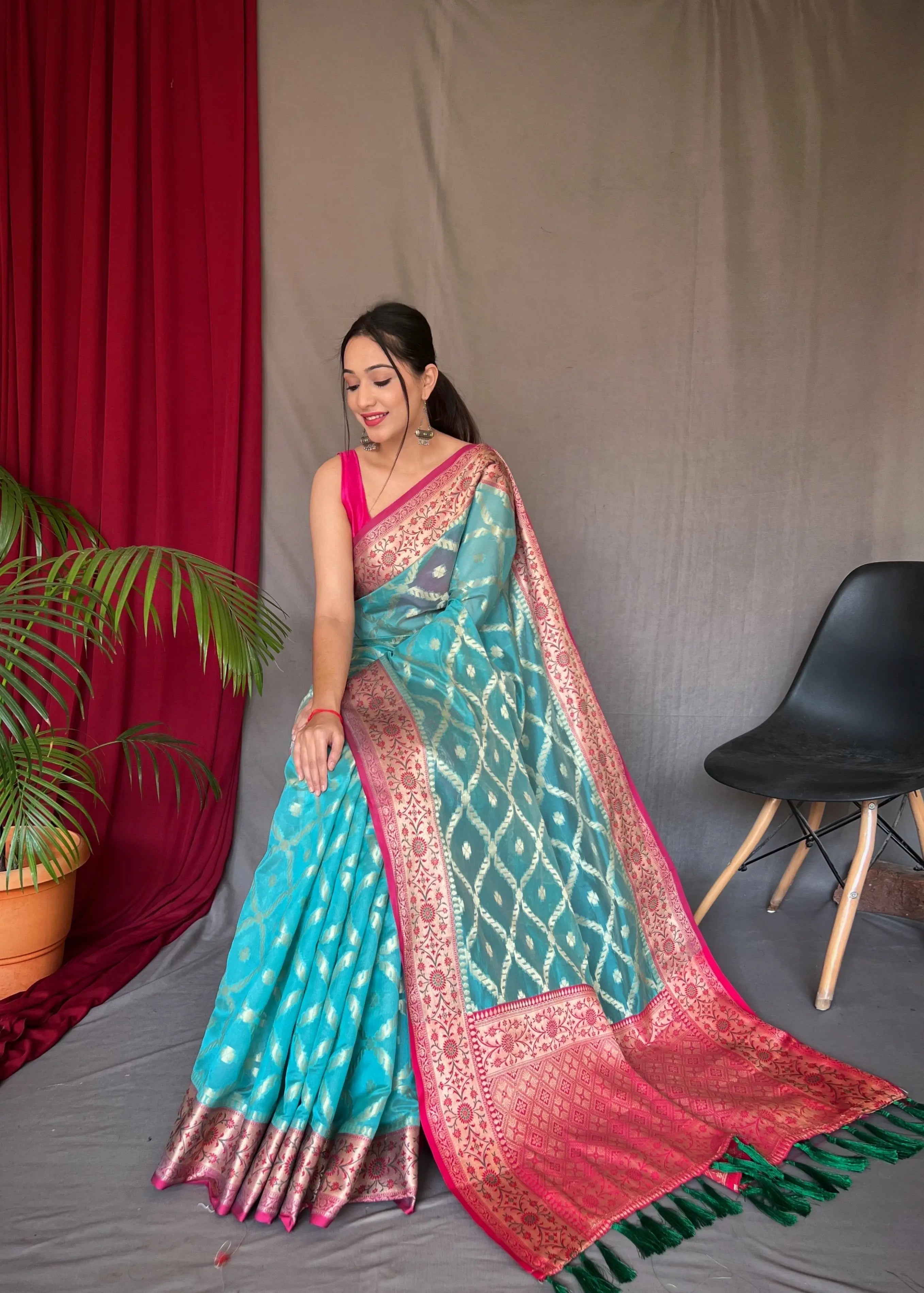 Sky Blue Saree in Banarasi Woven Organza Silk - Colorful Saree