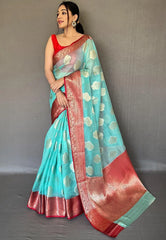 Sky Blue Tejaswi Organza Contrast Zari Woven Saree - Colorful Saree