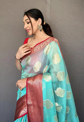 Sky Blue Tejaswi Organza Contrast Zari Woven Saree - Colorful Saree