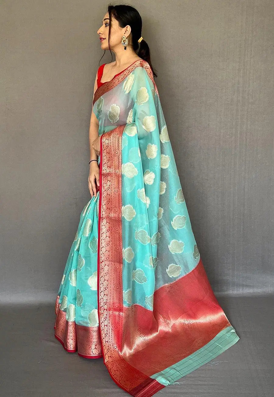 Sky Blue Tejaswi Organza Contrast Zari Woven Saree - Colorful Saree