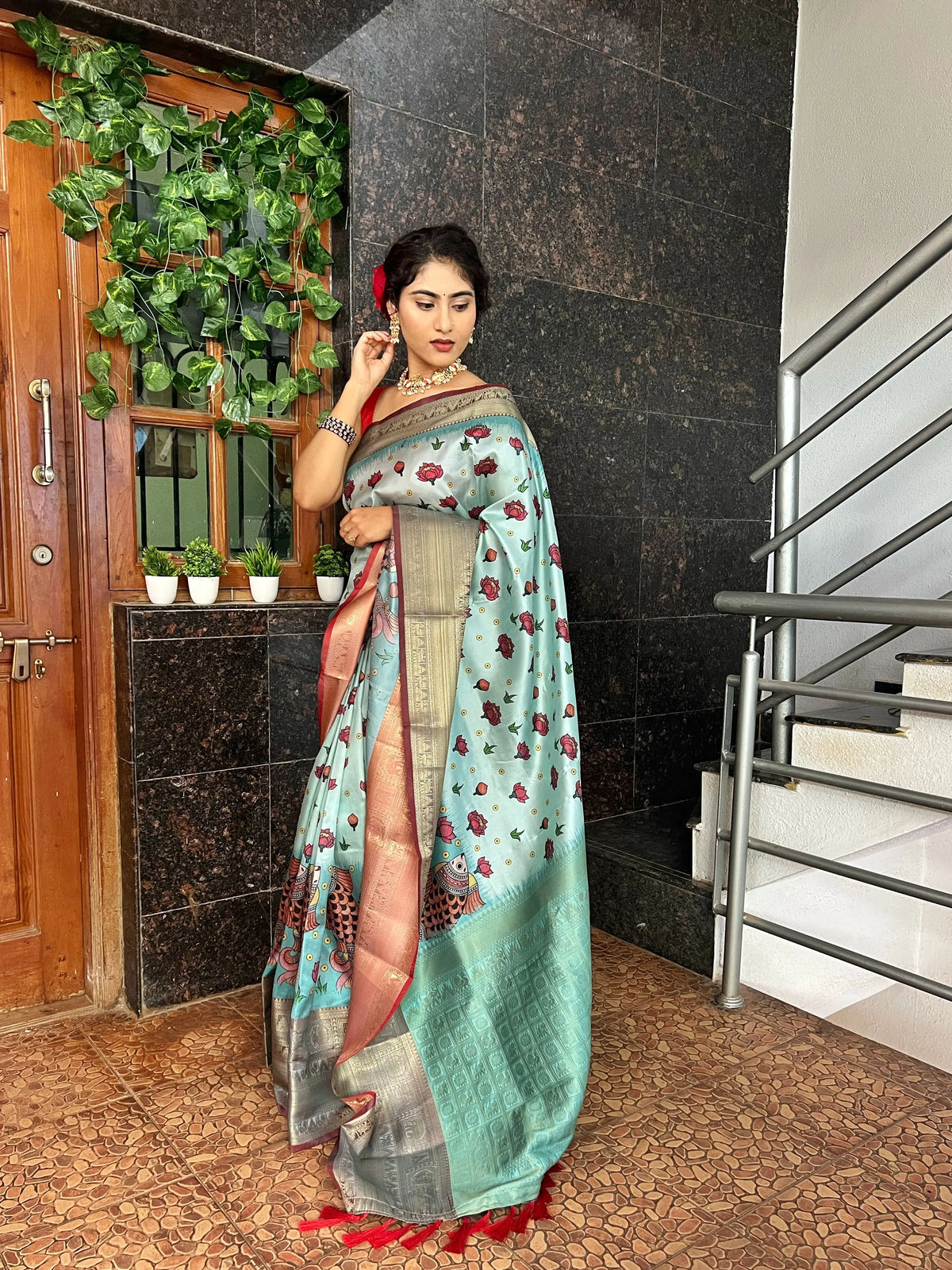 Sky Blue saree in Floral Kalamkari Print - Colorful Saree