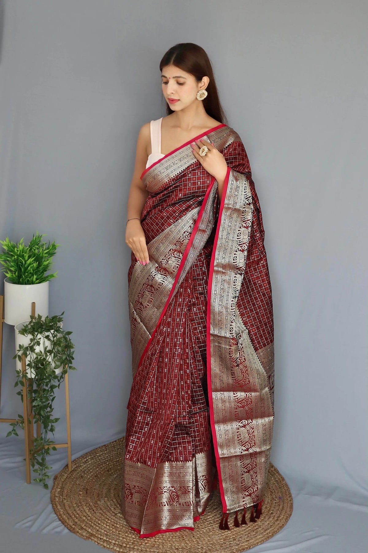 Soft Silk Woven Checks Brown - Colorful Saree