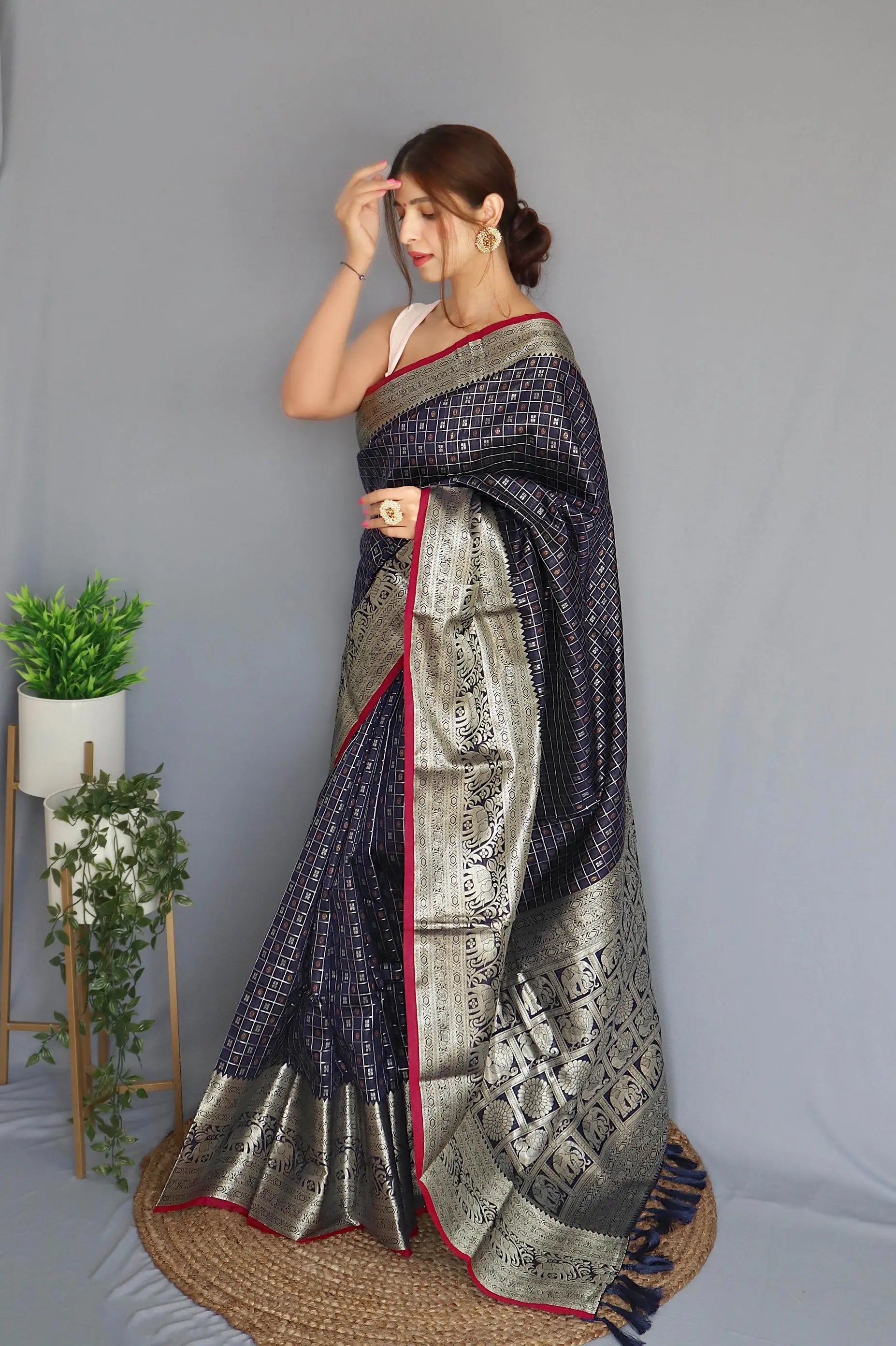 Soft Silk Woven Checks Navy Blue - Colorful Saree