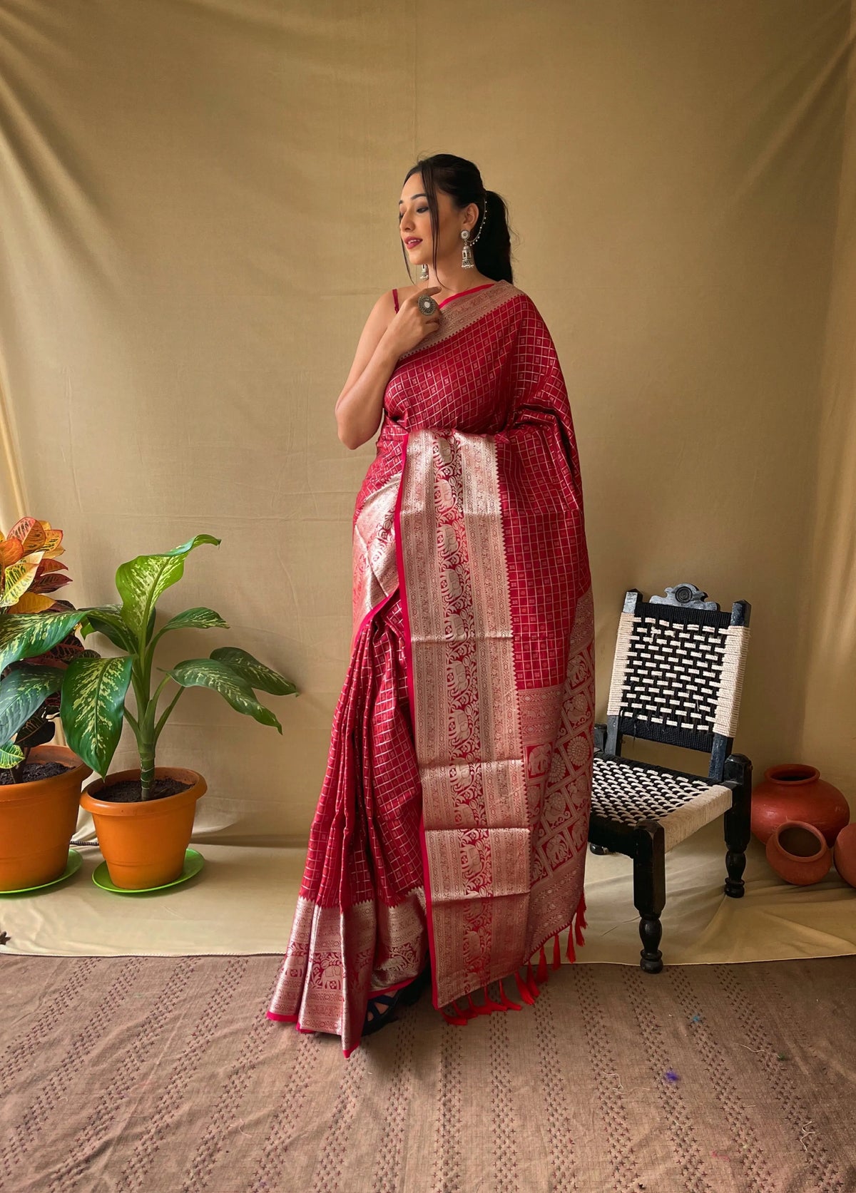 Soft Silk Woven Checks Saree Red - Colorful Saree