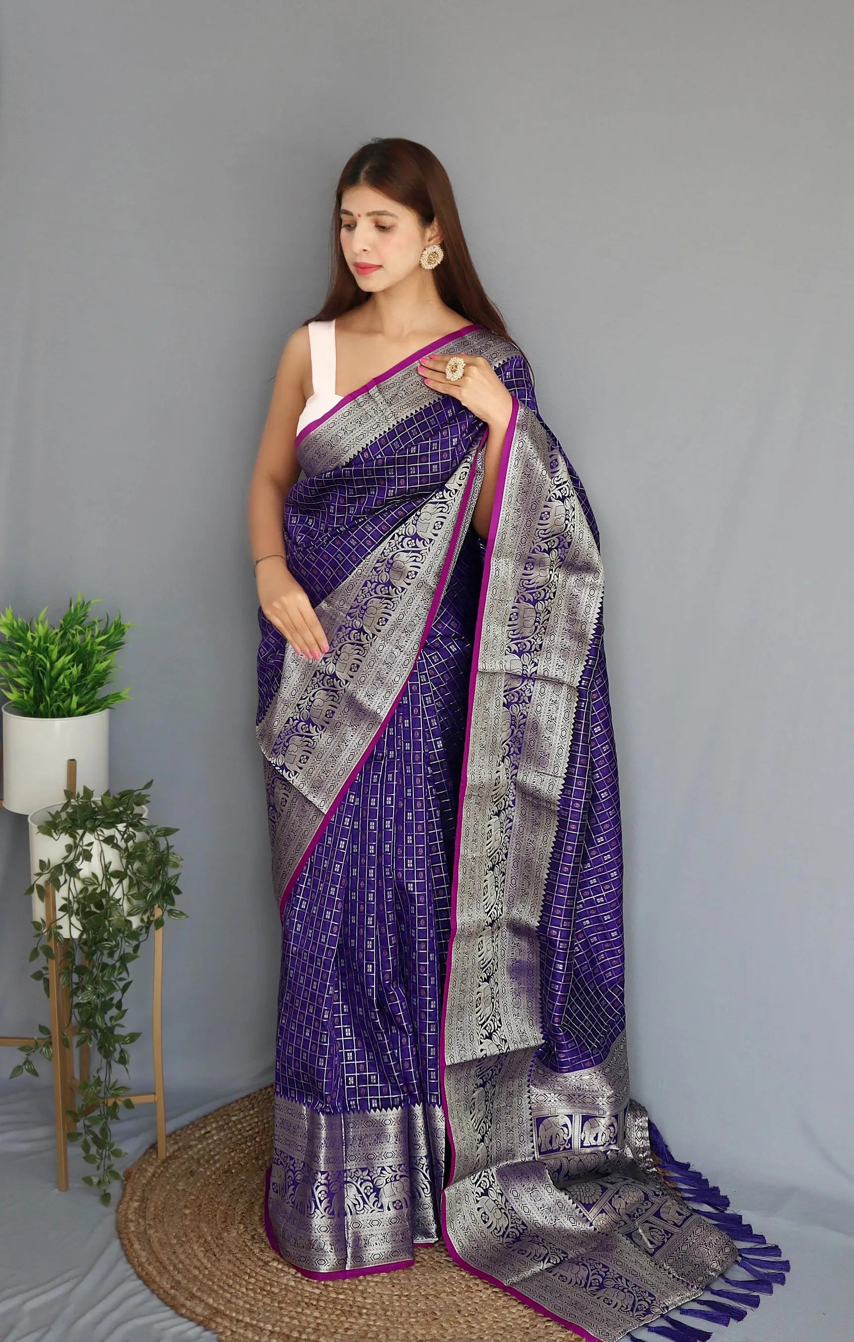 Soft Silk Woven Checks Violet - Colorful Saree