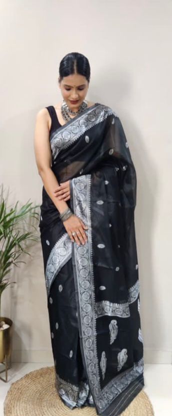 Soft Cotton Black Saree with Blouse Piece Colorful Saree