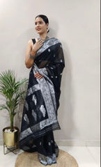 Soft Cotton Black Saree with Blouse Piece Colorful Saree