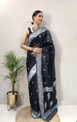 Soft Cotton Black Saree with Blouse Piece Colorful Saree