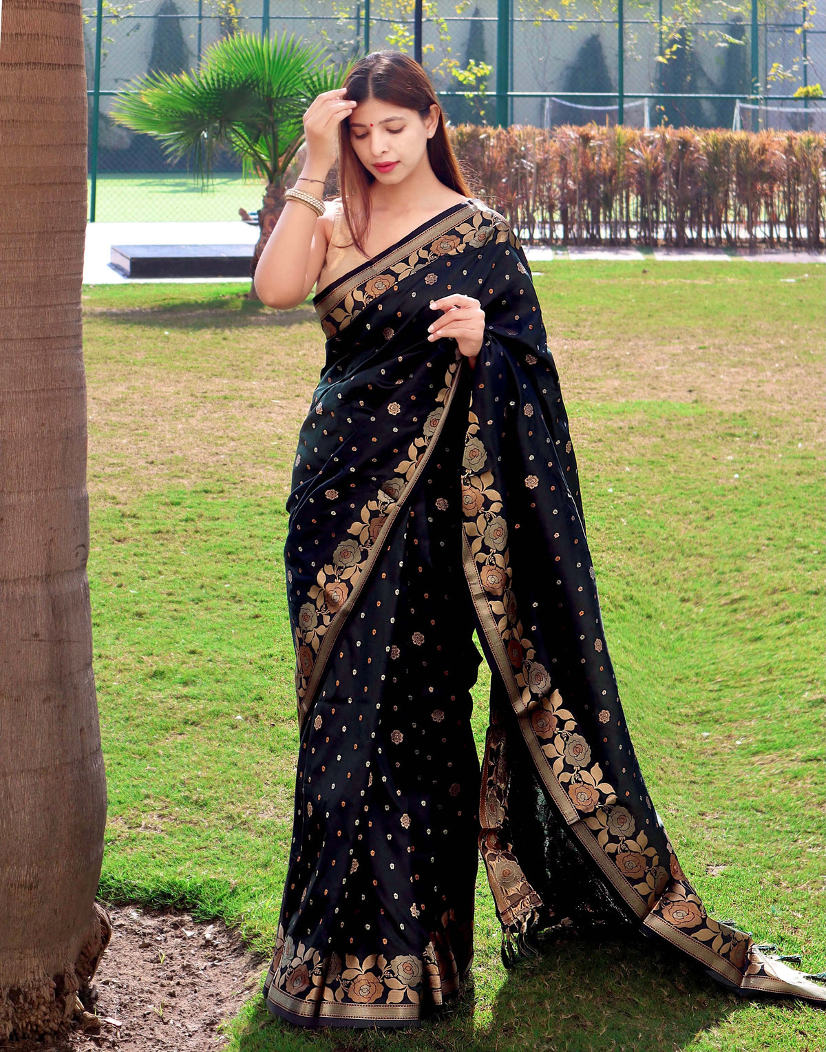 Suhani Soft Silk Saree with Floral Woven Border and Pallu Black - Colorful Saree