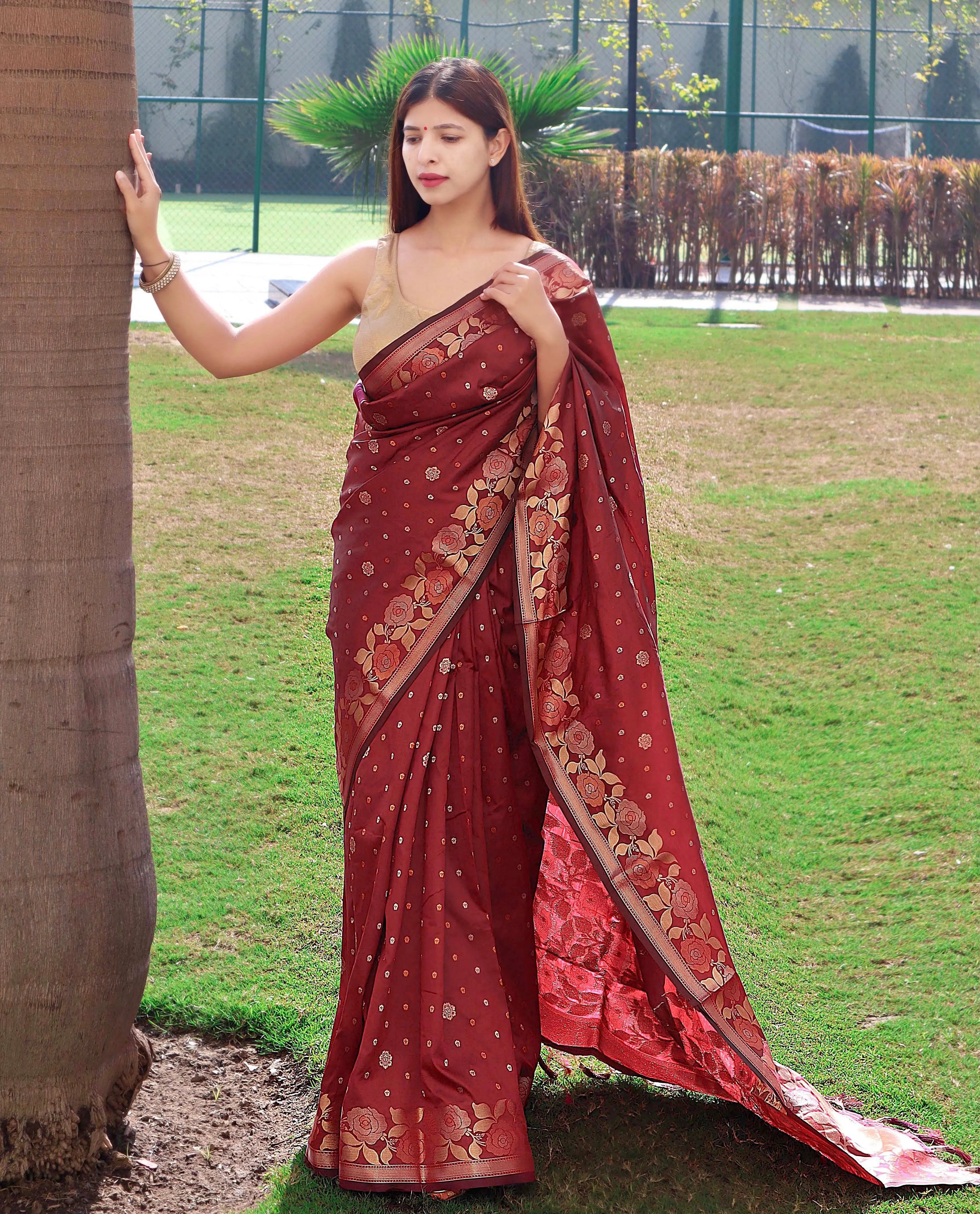 Suhani Soft Silk Saree with Floral Woven Border and Pallu Brown - Colorful Saree