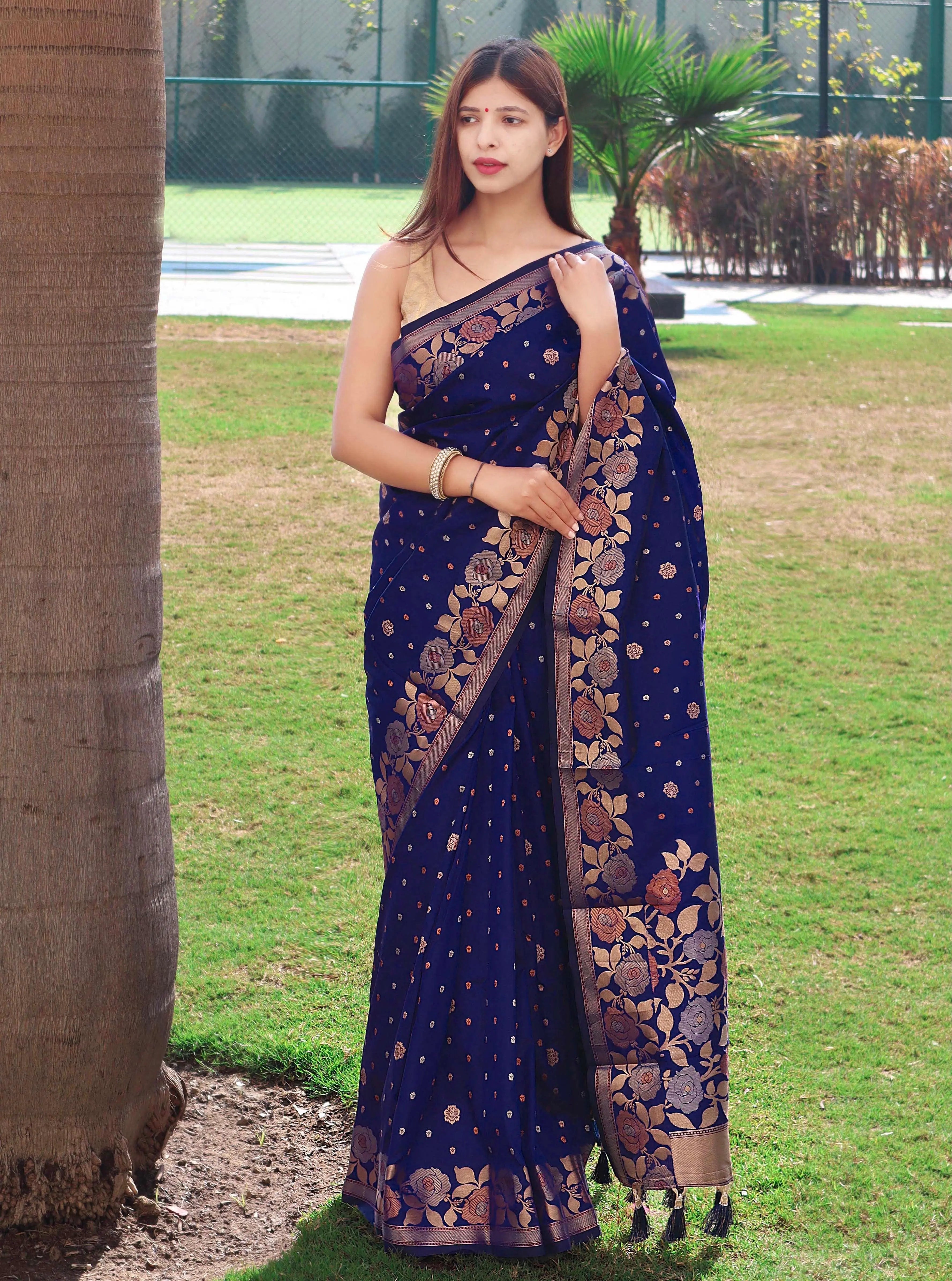 Suhani Soft Silk Saree with Floral Woven Border and Pallu Navy Blue - Colorful Saree