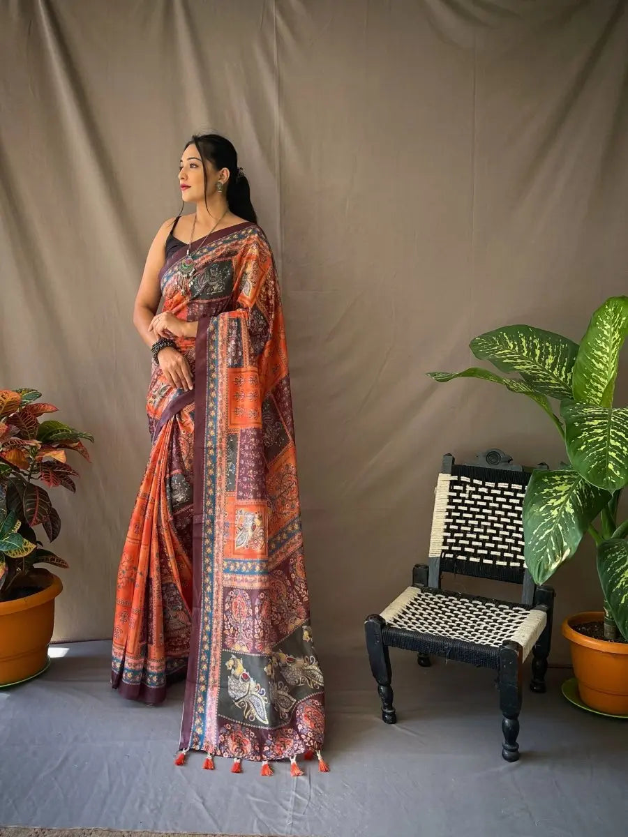 Sunrise Orange color saree in Cotton Kalamkari Print - Colorful Saree