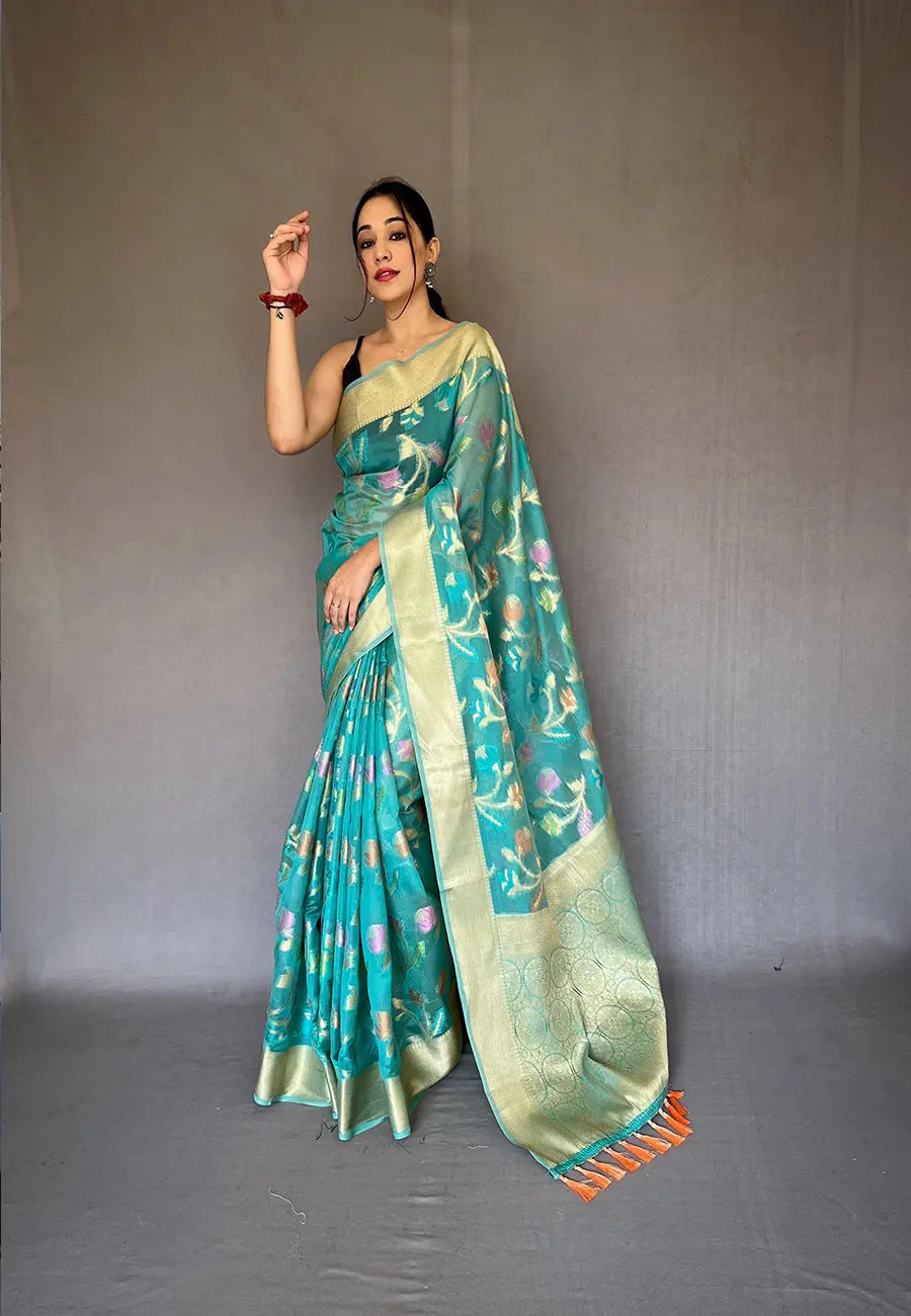 Teal Blue Barfi Organza Silk Woven Saree - Colorful Saree