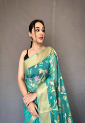 Teal Blue Barfi Organza Silk Woven Saree - Colorful Saree