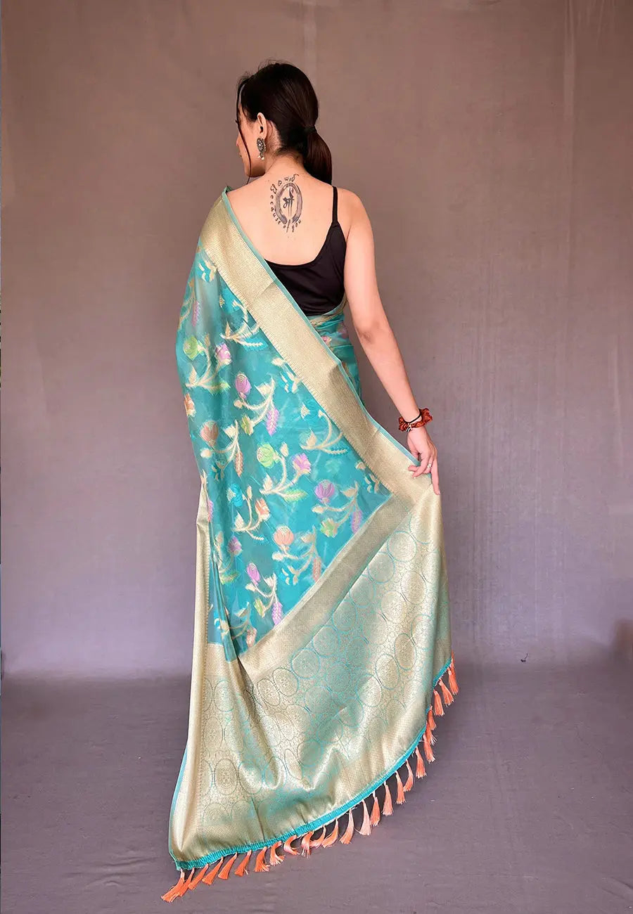 Teal Blue Barfi Organza Silk Woven Saree - Colorful Saree