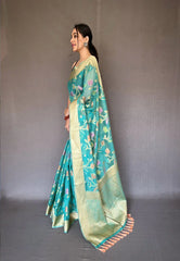 Teal Blue Barfi Organza Silk Woven Saree - Colorful Saree