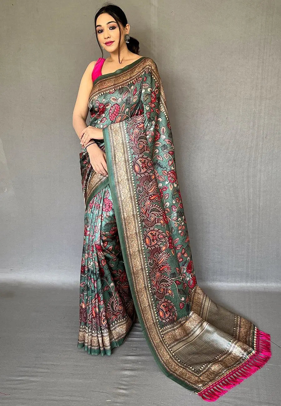 Teal Blue Diva Soft Silk Kalamkari Printed Saree - Colorful Saree