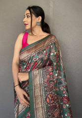 Teal Blue Diva Soft Silk Kalamkari Printed Saree - Colorful Saree