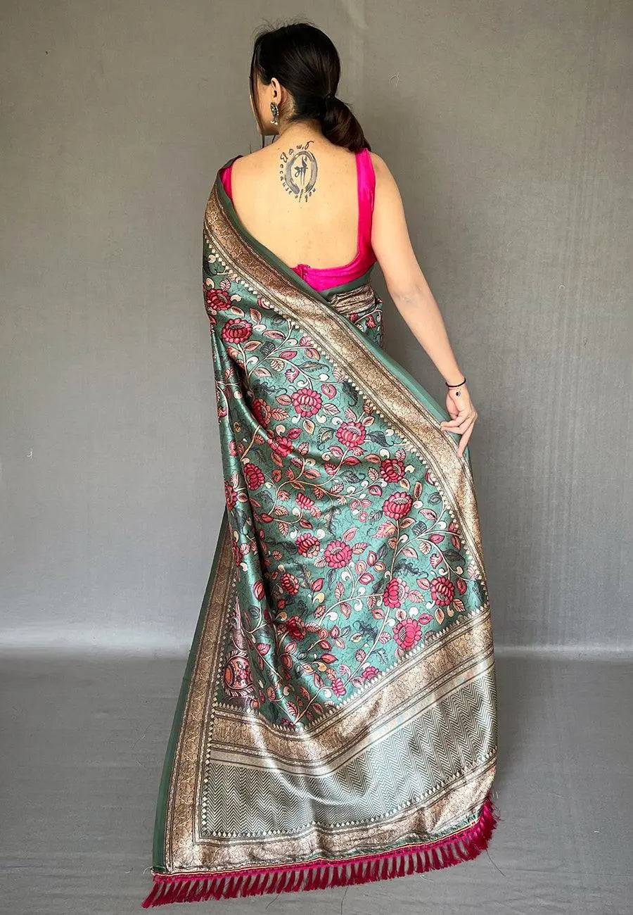 Teal Blue Diva Soft Silk Kalamkari Printed Saree - Colorful Saree