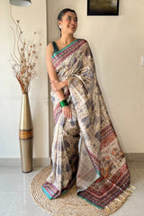 Teal Blue Prerna Kalamkari Cotton Printed Saree - Colorful Saree