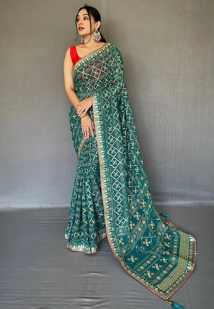 Teal Green Georgette Bandhani Gota Patti Embroidered Saree - Colorful Saree