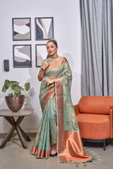 Teal Lakshmi Organza Tissue Silk Woven Saree - Colorful Saree