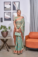 Teal Lakshmi Organza Tissue Silk Woven Saree - Colorful Saree