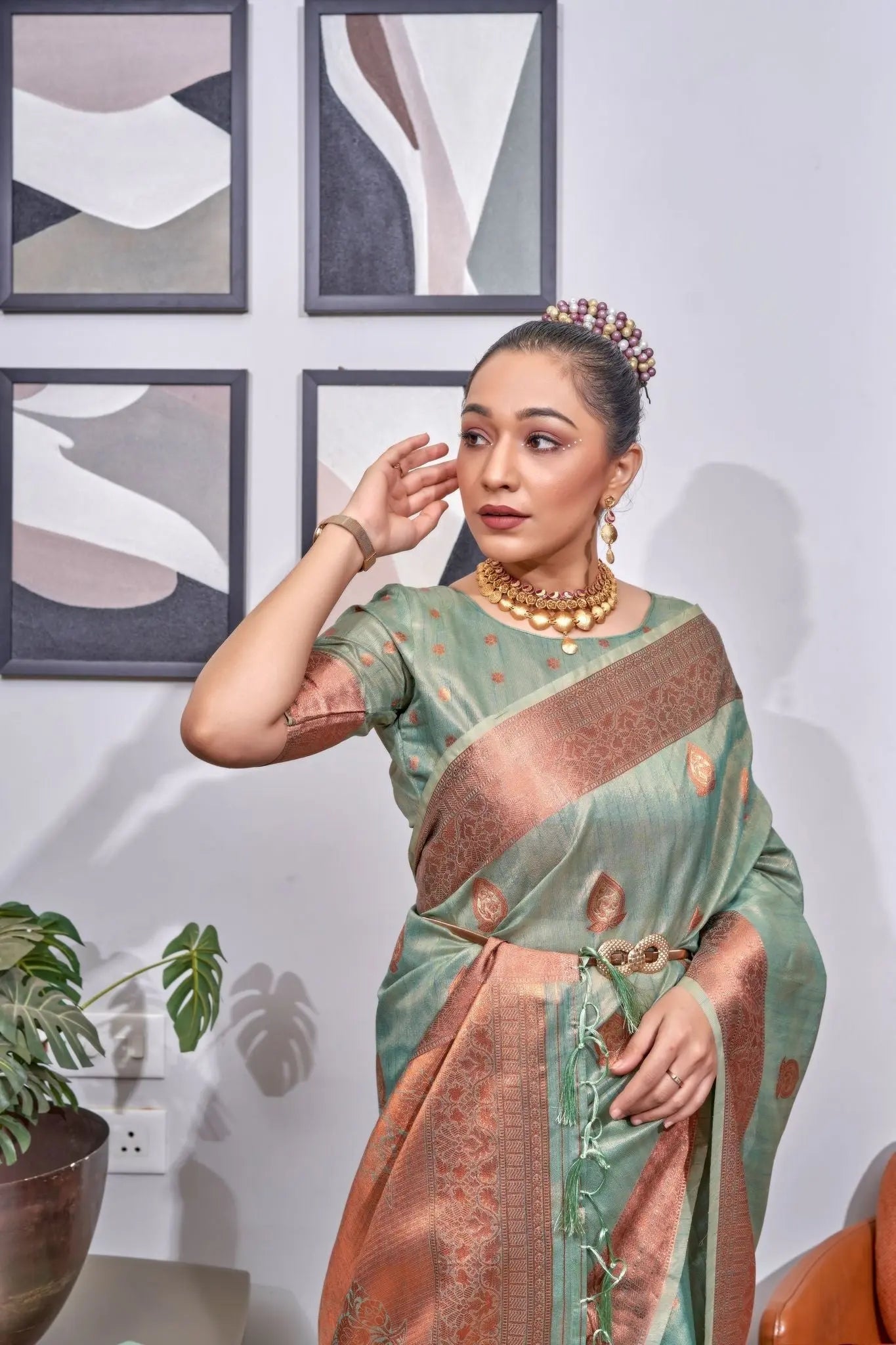 Teal Lakshmi Organza Tissue Silk Woven Saree - Colorful Saree