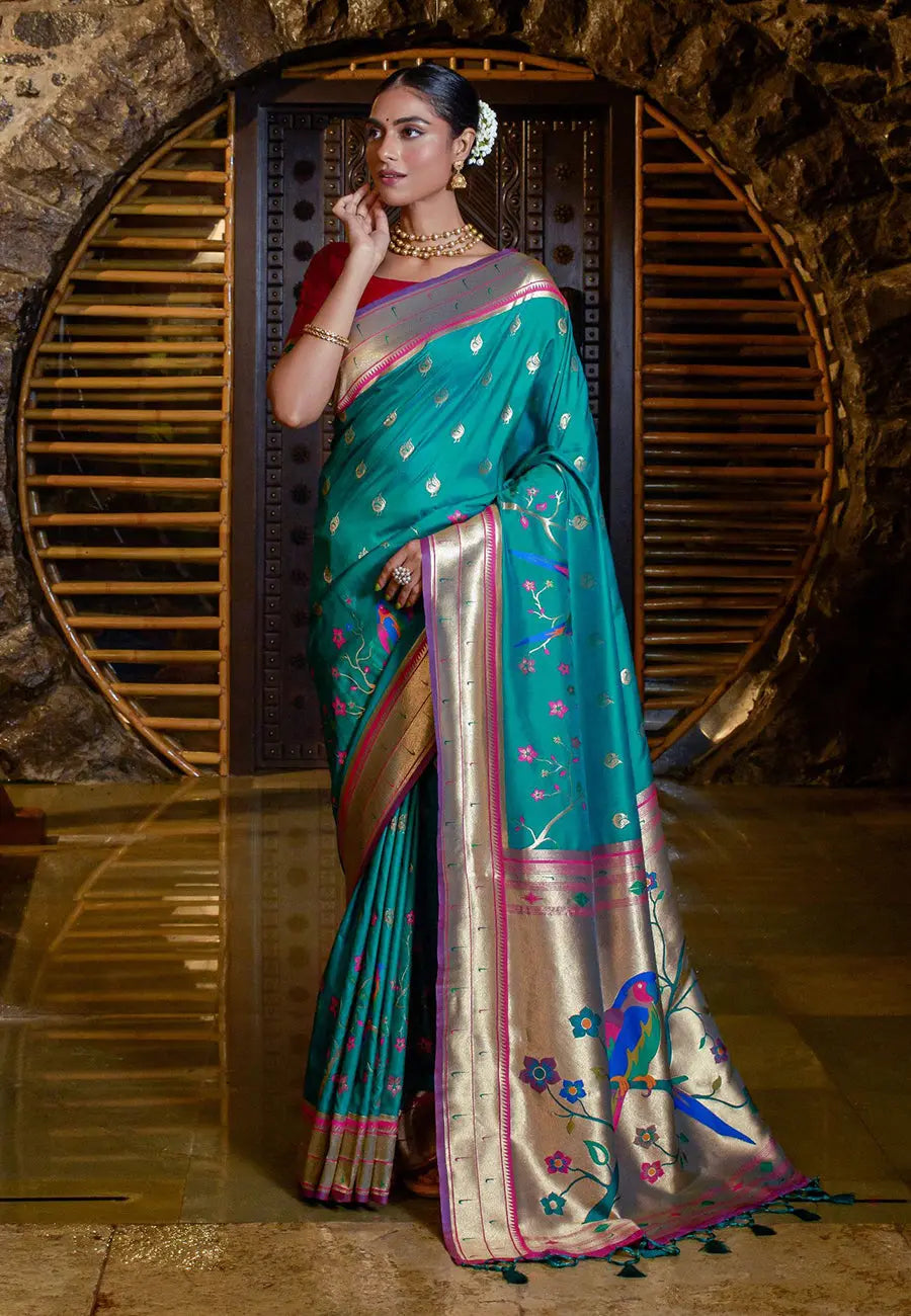 Teal Mayuri Banarasi Paithani Silk Woven Saree - Colorful Saree