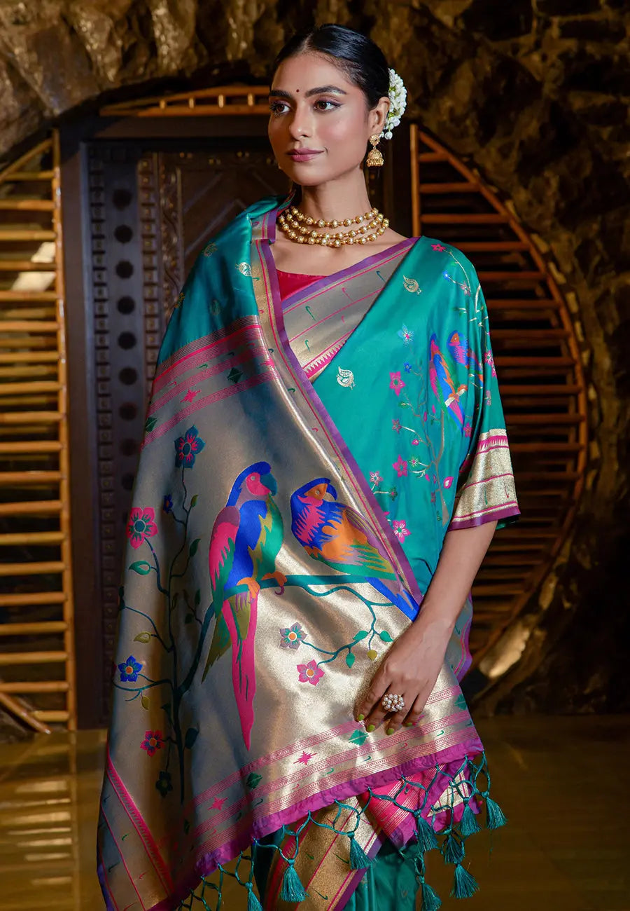 Teal Mayuri Banarasi Paithani Silk Woven Saree - Colorful Saree