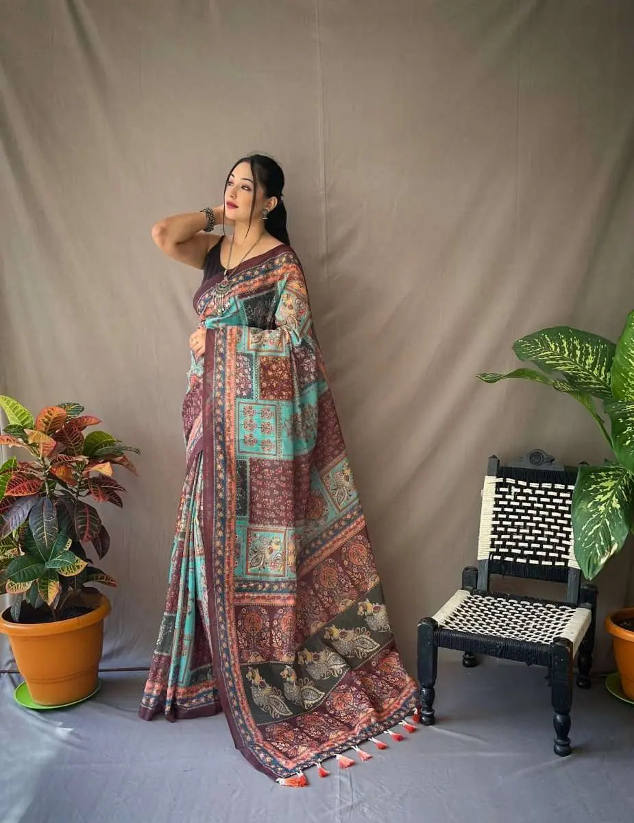 Teal color saree in Cotton Kalamkari Print - Colorful Saree