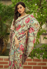 Thistle Green Amita Linen Cotton Kalamkari Printed Saree - Colorful Saree
