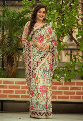 Thistle Green Amita Linen Cotton Kalamkari Printed Saree - Colorful Saree