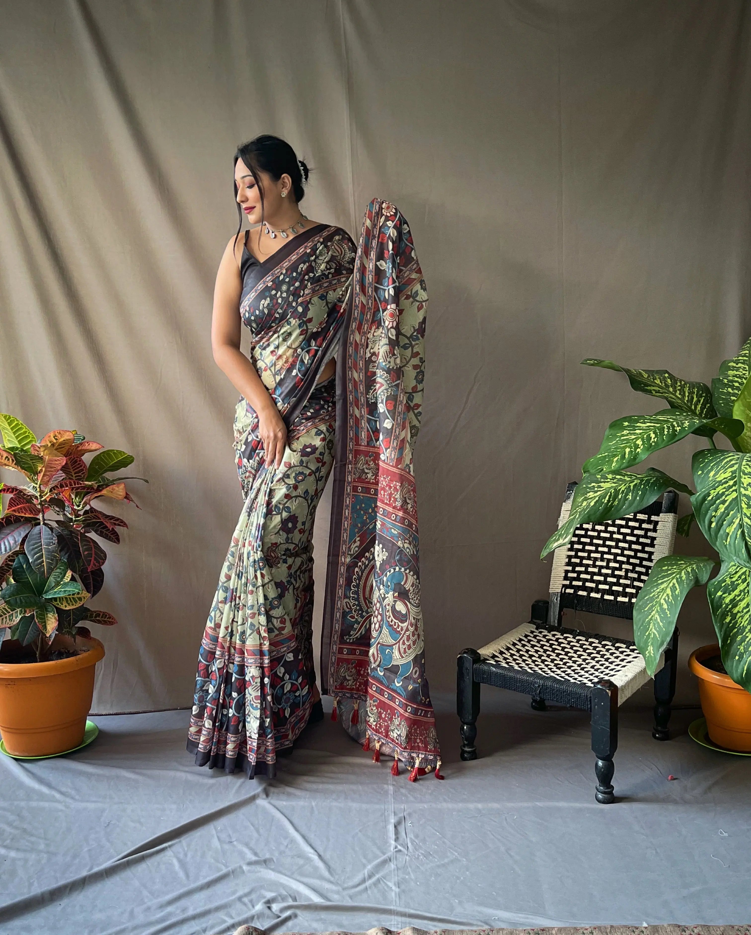 Thistle Green saree in Cotton Kalamkari Print - Colorful Saree