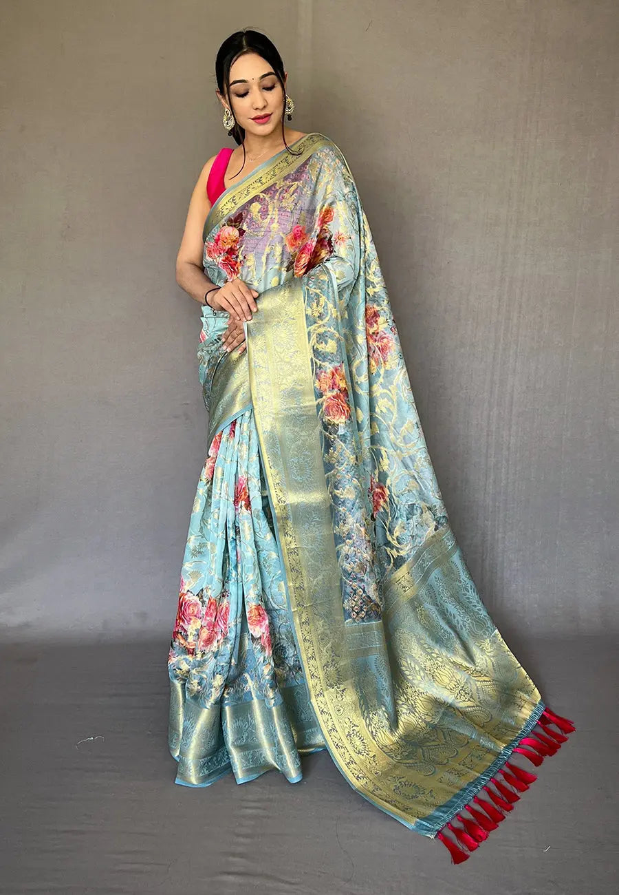 Tiffany Blue Banarasi Kora Organza Anokhi Digital Vol. 3 Printed Woven Saree - Colorful Saree