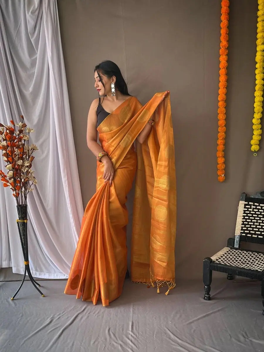 Tissue Woven Silk Halloween Orange - Colorful Saree