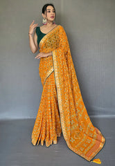 Turmeric Orange Georgette Bandhani Gota Patti Embroidered Saree - Colorful Saree