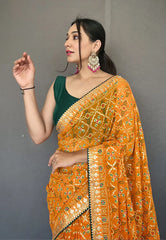 Turmeric Orange Georgette Bandhani Gota Patti Embroidered Saree - Colorful Saree