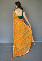 Turmeric Orange Georgette Bandhani Gota Patti Embroidered Saree - Colorful Saree