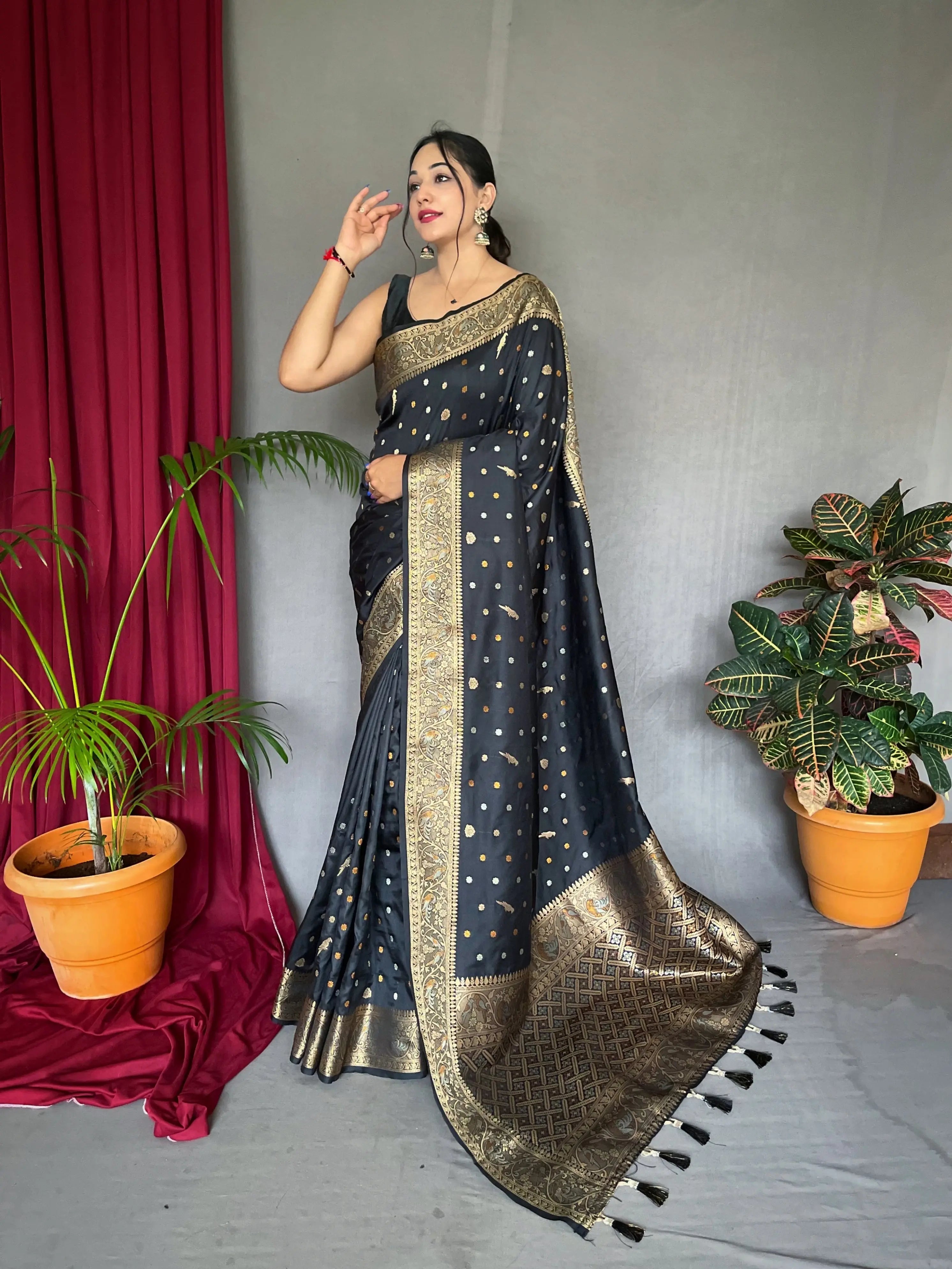 Udaan Soft Silk Multi Color Zari Woven Saree Black - Colorful Saree