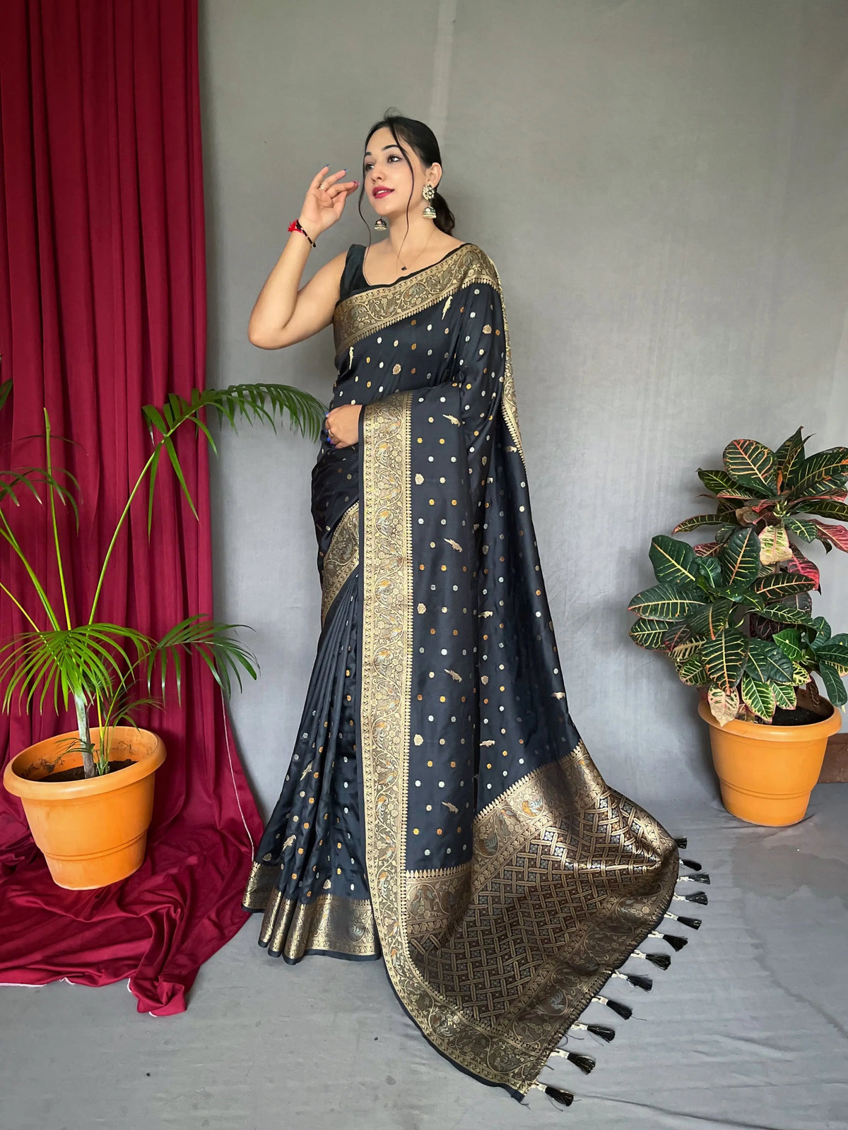 Udaan Soft Silk Multi Color Zari Woven Saree Black - Colorful Saree