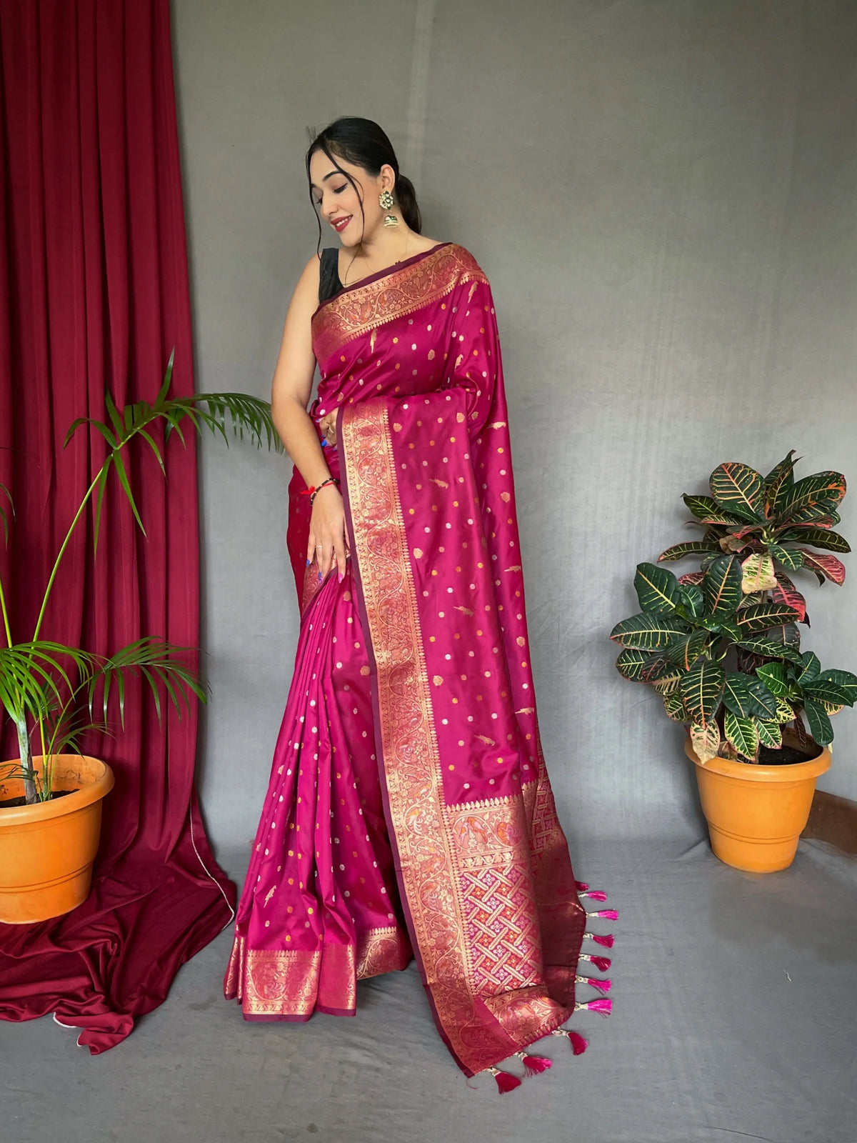 Udaan Soft Silk Multi Color Zari Woven Saree Dark Pink - Colorful Saree