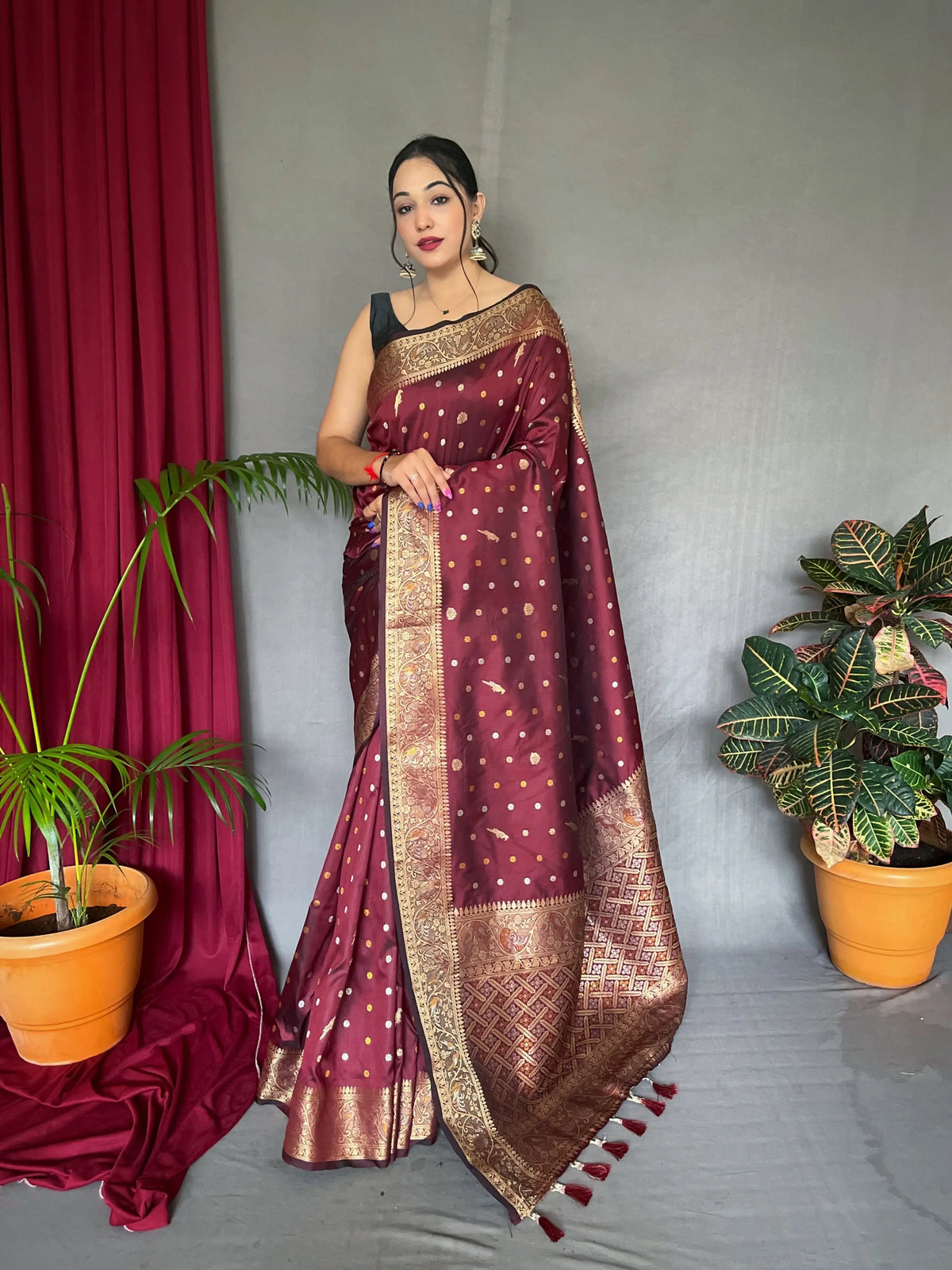 Udaan Soft Silk Multi Color Zari Woven Saree Sanguine Brown - Colorful Saree