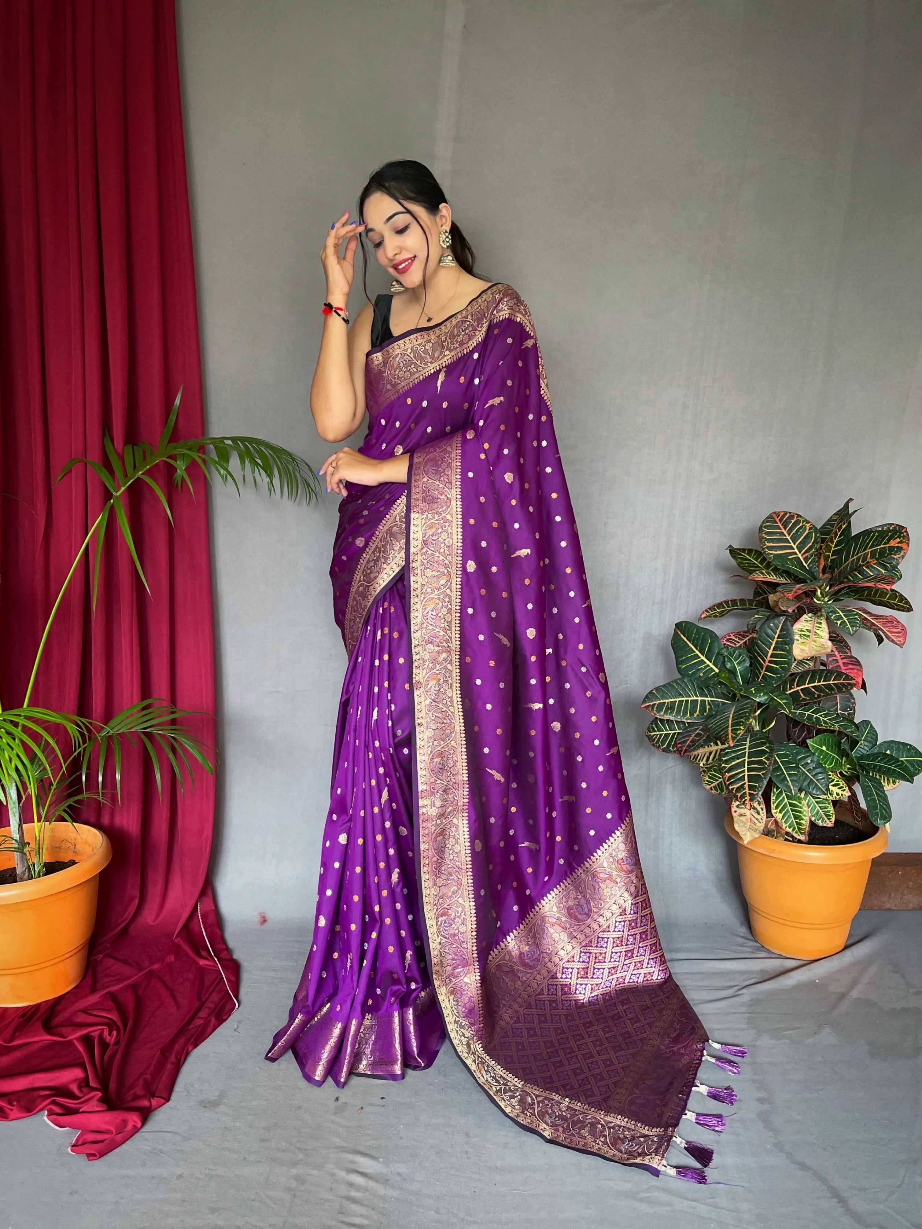 Udaan Soft Silk Multi Color Zari Woven Saree Warm Purple - Colorful Saree