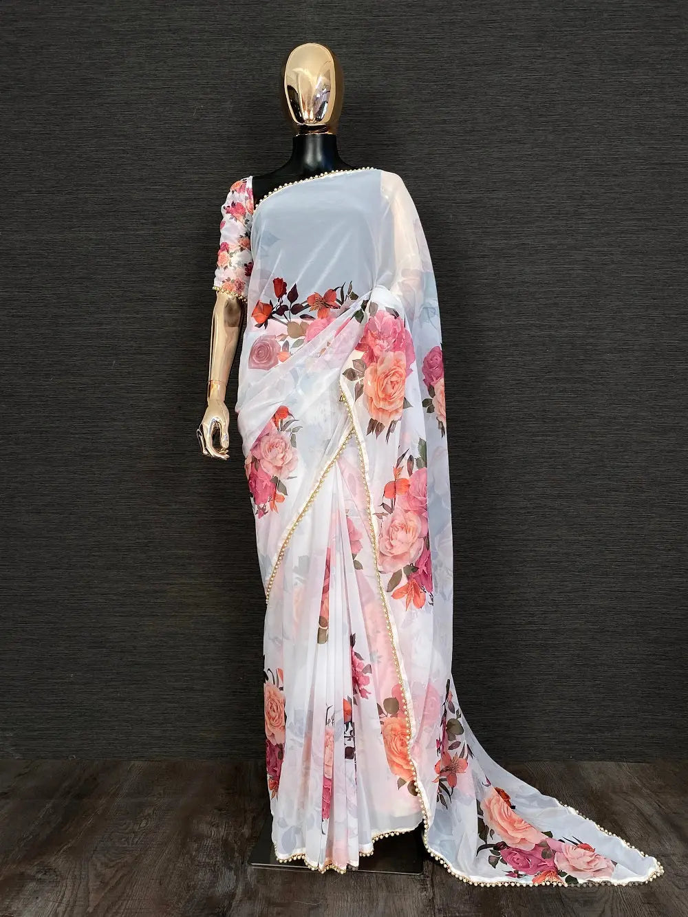White Color Floral Digital Printed Georgette Saree With Pearl Lace Border - Colorful Saree