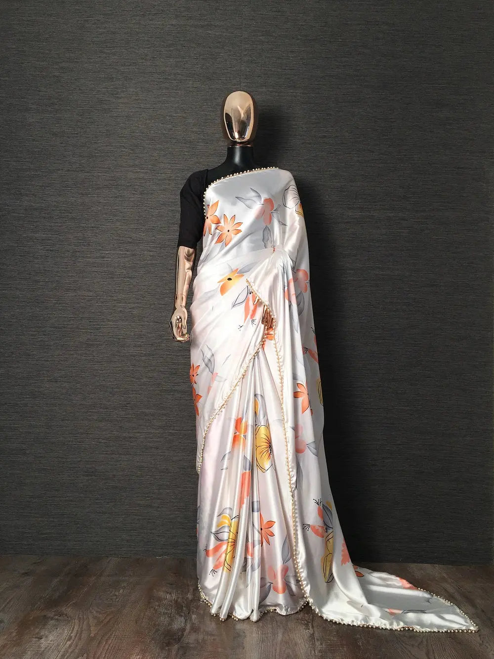 White Color Floral Printed Japan Satin Silk Saree With Pearl Lace Border - Colorful Saree